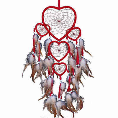 

Heart Dream Catcher Brown Red Wall Hanging With Feather Bead Ornament Decoration