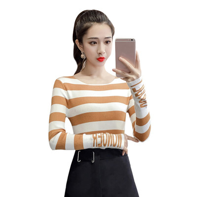 

Women Autumn Sweet Striped T Shirt Letter Print Slim Long Sleeve Round Collar Slim Bottoming Knit T Shirt