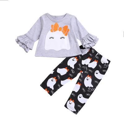 

Autumn Spring Toddler Baby Girl Flare Sleeve Cartoon Print Blouse Tops&Cute Cartoon Print Trousers 2pcs Kids Casual Outfits