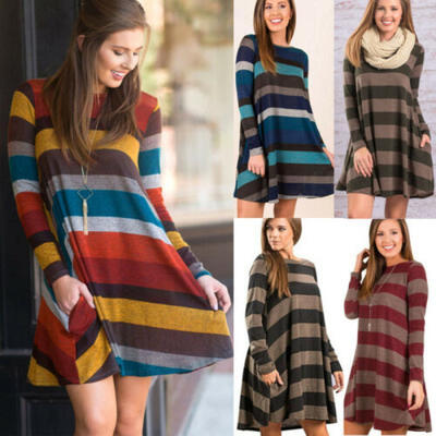 

UK Women O Neck Long Sleeve Stripe Mini Dress Ladies Casual Pocket Short Dresses