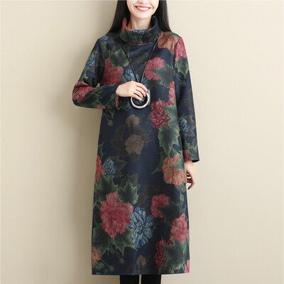 

Tailored Women Vintage Style Casual Retro Floral Printed Long-Sleeve Turtleneck Dress