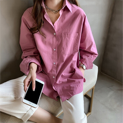

Casual Loose Cotton Women Blouse Shirts Spring Autumn Turn-down Collar Long Sleeve Buttons Solid Color Women Tops