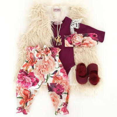 

US Newborn Baby Girl Flower Romper Long Pants Hat Outfit Clothes 3PCS Set