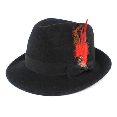 

6 Colors Men Hard Felt Feather Trilby Jazz Hat Woolen Pork Pie Hat