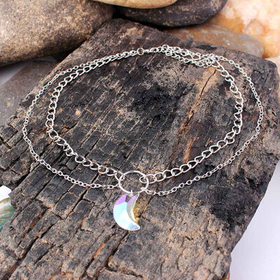 

Best Friends Crystal Opals Natural Stone Quartz Chokers Women Moon Pendant Necklace Gothic Double Layer Chocker