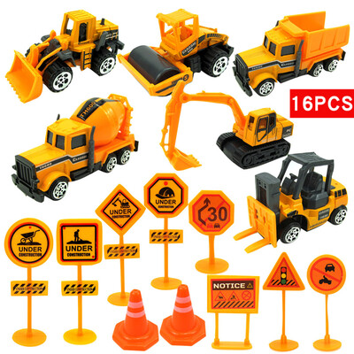 

YIWULA164 Alloy Engineering Truck Excavator Forklift with Road Sign 16 Piece Set