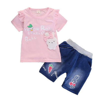 

Girls Clothes Summer Bow Cartoon Rabbit Short Sleeve Jeans 2pcs clothing Set