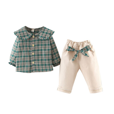 

Spring Autumn Children Girl Cartoon Plaid Printed Long Sleeve Round Collar Casual Tops Pants