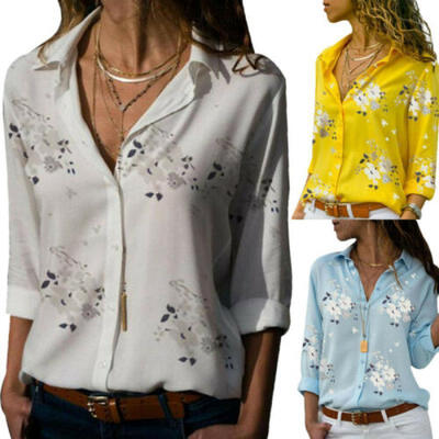 

Summer Womens Office Shirt Tops Blouse Long Sleeve V Neck Floral T-Shirt Ladies