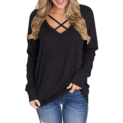 

Casual Women Slim V Collar Summer Solid Color Cross Loose Long Sleeve Casual Simple Wild T-Shirt