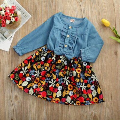 

US Toddler Baby Girl Kid Long-sleeved Flower Print Denim Stitching Skirt Clothes