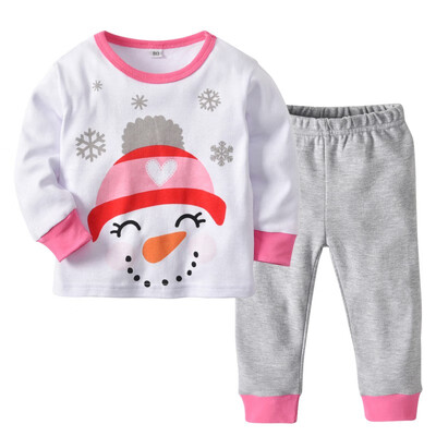 

New Hot Sale Childrens clothing Christmas Snowman Pajamas Set Childrens Home Service Girls Pink Striped Pants Two-Piece