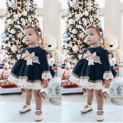 

2019 New Spring Casual Baby Girls Lace Bow Princess Dress Cotton Kids Toddler Long Sleeve Sundress