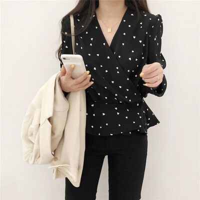 

Chiffon Shirt Female Long Sleeve Love Print Cute Temperament Han Fan Comfortable Breathable Wild Fashion Beautiful