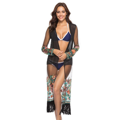 

Summer Long Shirt Women Ethnic Style Tassel Chiffon Beach Casual Sun Protection Cardigan Blouse