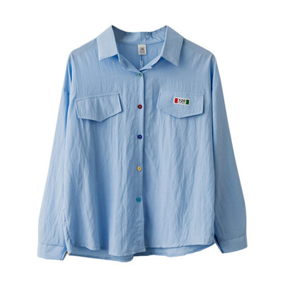 

White Yellow Blue Korean Style Loose Casual Colorful Button Blouse Fashion Sweet Long-sleeve Womens Solid Shirt