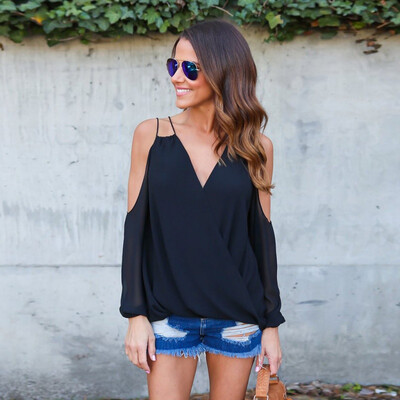 

Woman Chiffon Blouses Shirts Casual Tops Clothing Sexy V Neck Long Sleeve Off Shoulder Shirts Top