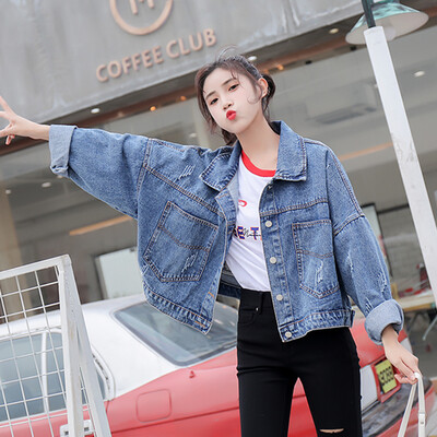 

JOY OF JOY Jingdong womens 2019 new Korean bf student short embroidery denim jacket female loose spring&autumn female JWWT191442 blue L