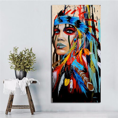 

Native American Indian Girl Feathered Canvas Painting For Living Room Wall Art Home Décor Unframe 40x80cm16x32