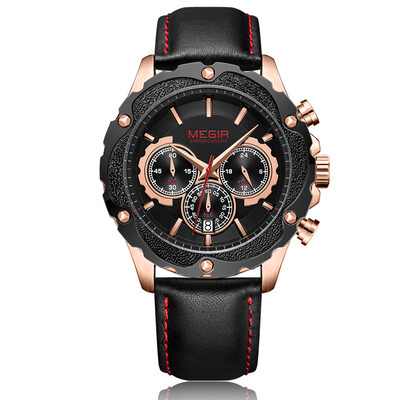 

MEGIR Chronograph Sport Watch Men Clock Quartz Leather Strap Wristwatch