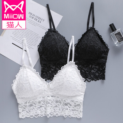 

Cat man French lace no steel ring bra thin ladies sexy back underwear art female Europe&America small chest strap black