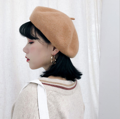 

Wool Wool Beret female autumn&winter warm pure bud cap Korean version of a retro pumpkin painter hat tide