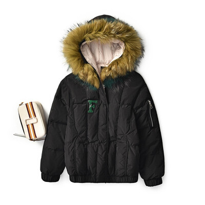 

Hooded large fur collar down jacket female loose fashion white duck down short down coat 90244