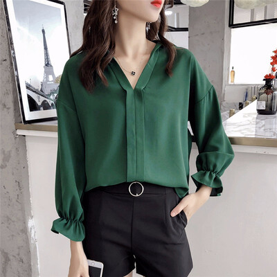 

Plus Size Trumpet Sleeve Shirt Womens Long Sleeve Top shirts Solid Color
