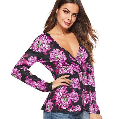

Fashion New Casual Long Sleeve Tops Sexy Deep V-Neck Printed Flowers Shirt Top Women Chiffon Blouse Shirt Plus Size