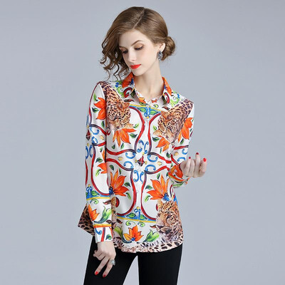 

S M L XL elegant new autumn 2018 women blouse shirt long sleeve white flower animal digital print office lady top