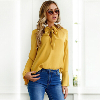 

Womens Fashion Trumpet Sleeve Tie Chiffon Long Sleeve Shirt Top