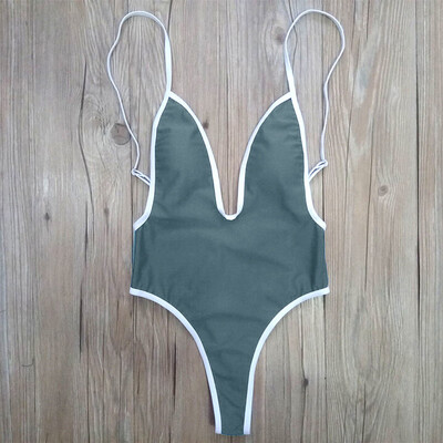 

New Sexy Women One-piece Swimsuit Plunge V Neck High Cut Thong Solid Monokini Swimwear Bathing Suit