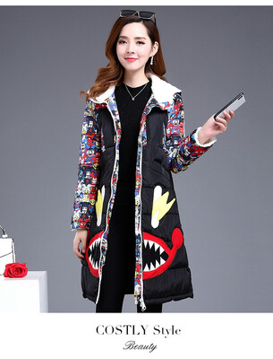 

Printed long style cotton-padded jacket women 2018 winter new Korean fashion young&middle-aged hat down padded jacket