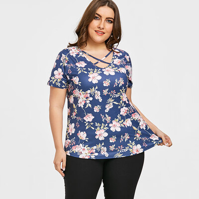 

PREISEI New Summer Women Blue Sweet Print T-Shirt Soft Elastic V-Neck Short Sleeve Plus Size T Shirt Ladies Tops PR0386