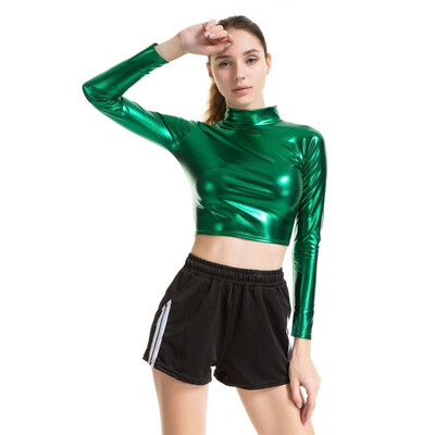 

New Women Faux Leather PU Tee Top Long Sleeve T shirt Turtleneck Slim Sexy T-shirt
