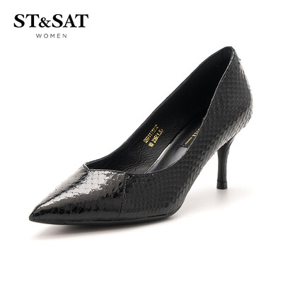 

Saturday womens shoes ST&SAT snake leather fashion simple elegant high-heeled shallow mouth single shoes SS91111238 black 34