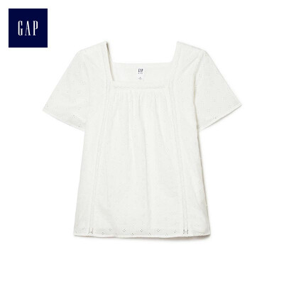 

GAP flagship store childrens clothing girls summer square collar short-sleeved embroidered hollow shirt 294590 light sense white 130cm