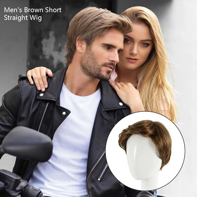 

Mens Fashion Short Wig Mens Brown High Temperature Wire Material Wig with Hair Net