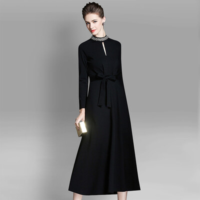 

Her pool womens 2018 autumn&winter new round neck long-sleeved A version of the waist with a large swing cover slimming long dress T83Z1838A10S black S