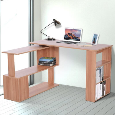 Modern Shaped Rotating Computer Desk with Bookshelves - Maple