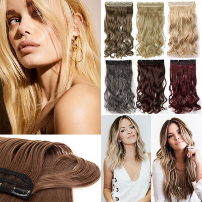 

Synthetic Fiber Clips in on Hair Extension 34 Full Head One Piece 5 Clips Long Silky Curly Wavy