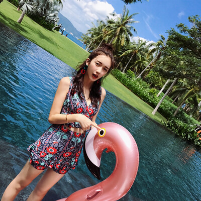 

Yi Meishan swimsuit female two-piece Korean hot spring swimsuit small chest gathered conservative cover belly slim sexy swimsuit split YMS188362 black print XL