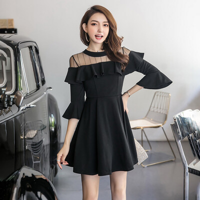 

JOY OF JOY Jingdong womens 2019 spring new striped mesh stitching ruffled chic port wind small black dress big swing trumpet sleeve dress JWQZ191560 black