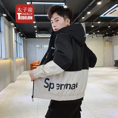 

Prince Edward TEDELON jacket mens 2019 spring new slim hooded jacket mens color matching simple windproof youth fashion clothes 9060 black khaki