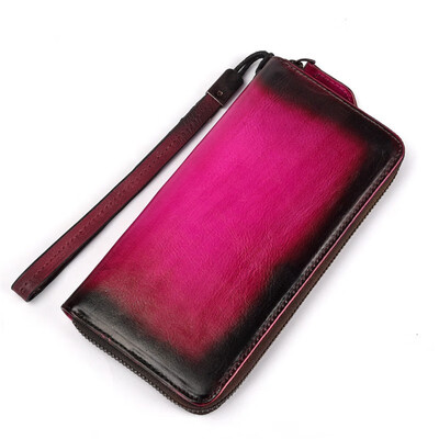 

Retro women wallet genuine leather rub color purse female zipper wallet with wristlet strap long for coinphonecredit card packag