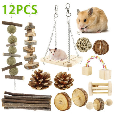 

12PCS Hamster Chew Toys Natural Wooden Gerbils Rats Chinchillas Toys Accessories