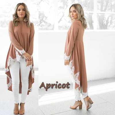 

2018 Plus Size Women Ruffle High Low Symmetrical Long Sleeve Casual Loose Tops Blouse Trim Lace Shirt Dress Dovetail Hem T-Shirt