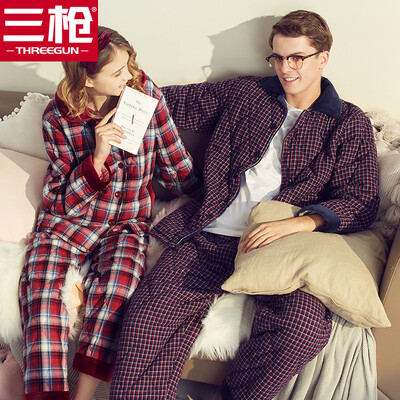 

Three guns home service men&women autumn&winter new thick velvet living pajamas lapel plus cotton lovers home set mens blue grid 63 2XL