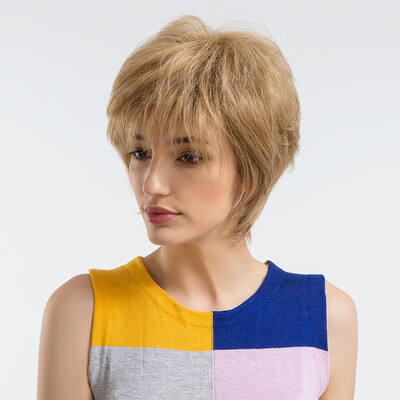 

BLONDE UNICORN 8 Inch Pixie Cut Human HairSynthetic Blend Wigs With Bangs Fluffy Multi-layers Hair Straight Wigs For Women