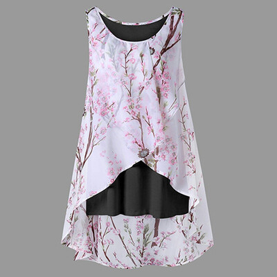

PREISEI New Summer Women Sweet Elegant Print Tank Top Chiffon O-Neck Sleeveless Plus Size Long Camisole Ladies Tops DJDM001